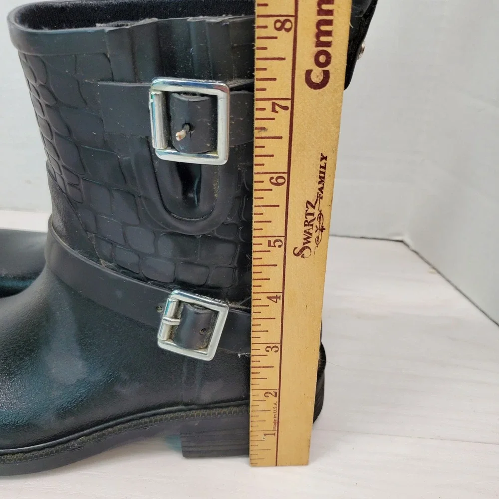 Sam Edelman Black Faux Croc Buckle Moto Rain Boots Womens Size 6